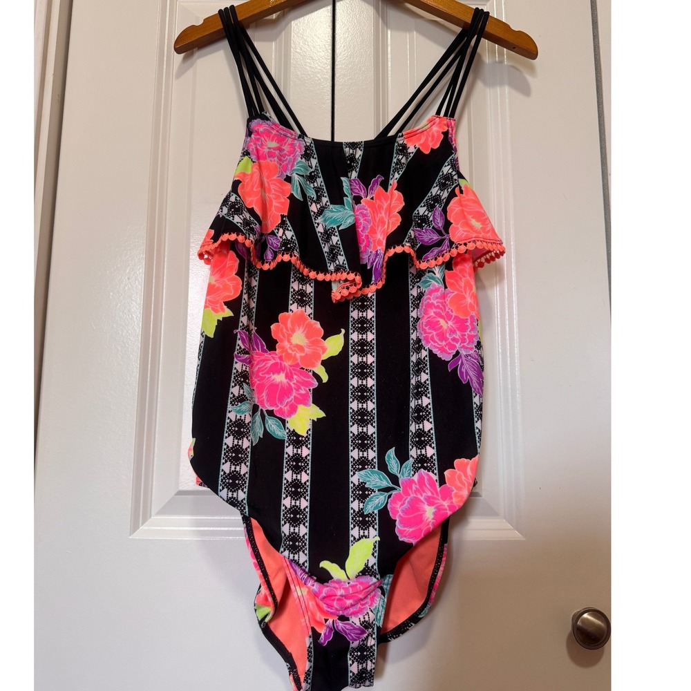 Wonder Nation Girls Floral Stripe Ruffle One Piece Swimsuit Neon Black XL 14-16